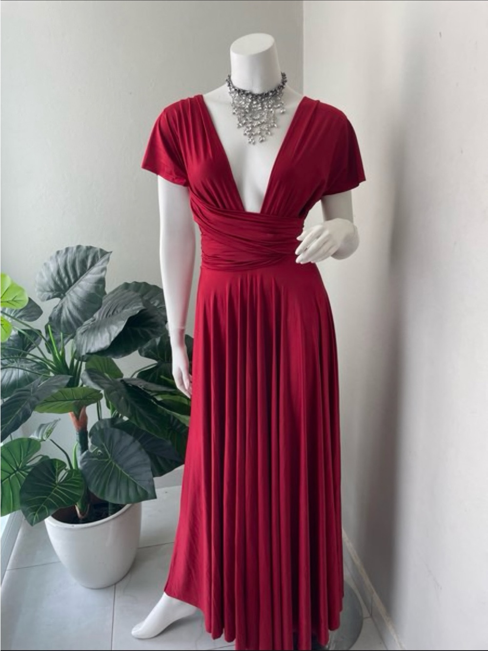 Red Deep V Maxi Dress with Ruched Waist